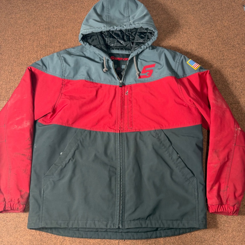Snap-on Tools Mens XL Red Grey Quilted Lined Hooded Work Jacket J18-STA619